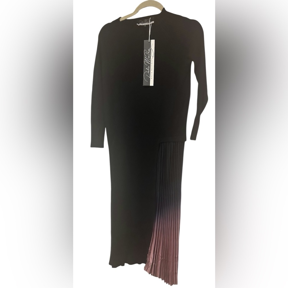 NWT Dalia MacPhee Sweater Dress Black Pink Asymmetrical Pleated Knit Belted